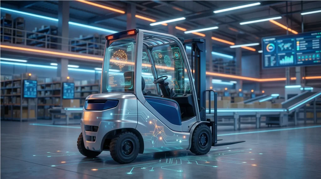 Futuristic AI-themed forklift with digital data displays in a modern warehouse
