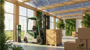 Electric forklifts charging in a sustainable warehouse with solar panels and renewable energy infrastructure