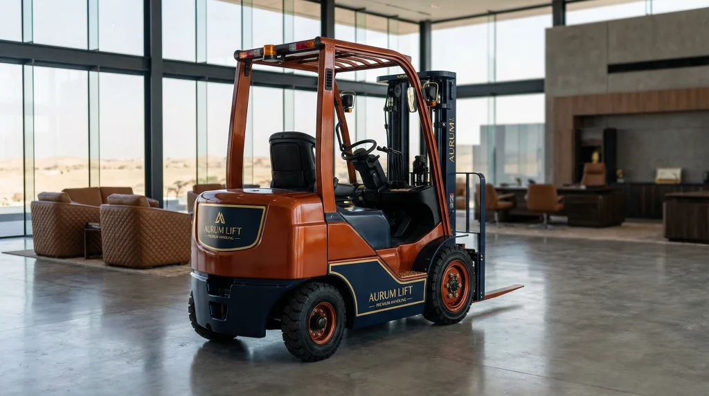 Luxury branded forklift with premium orange and blue customization in Middle Eastern showroom
