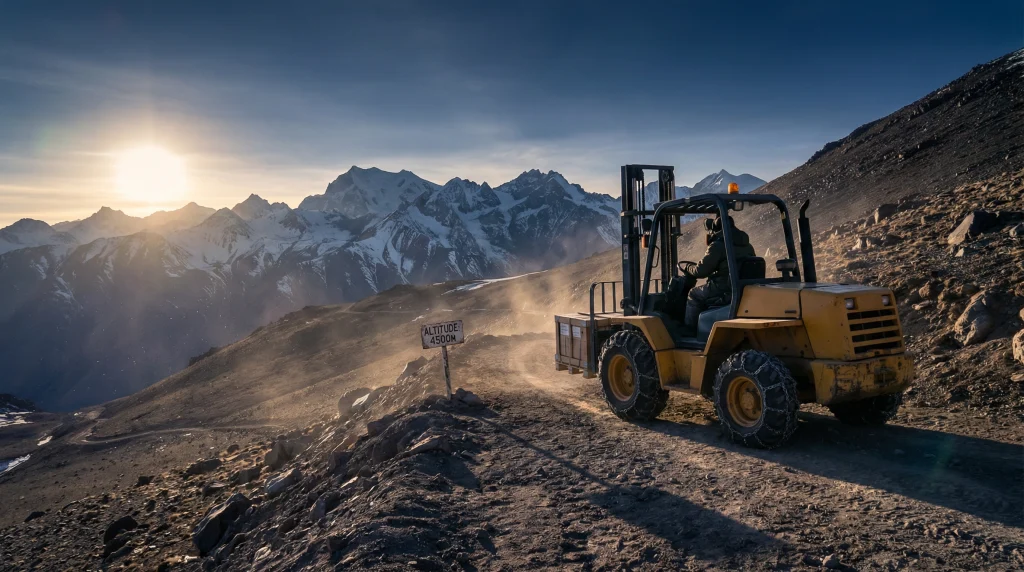 Forklift operating at high altitude in Andes Mountains with altitude marker showing 4500m elevation