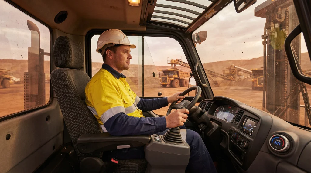 Forklift operator in comfortable premium seat inside modern cabin at Australian mining operation
