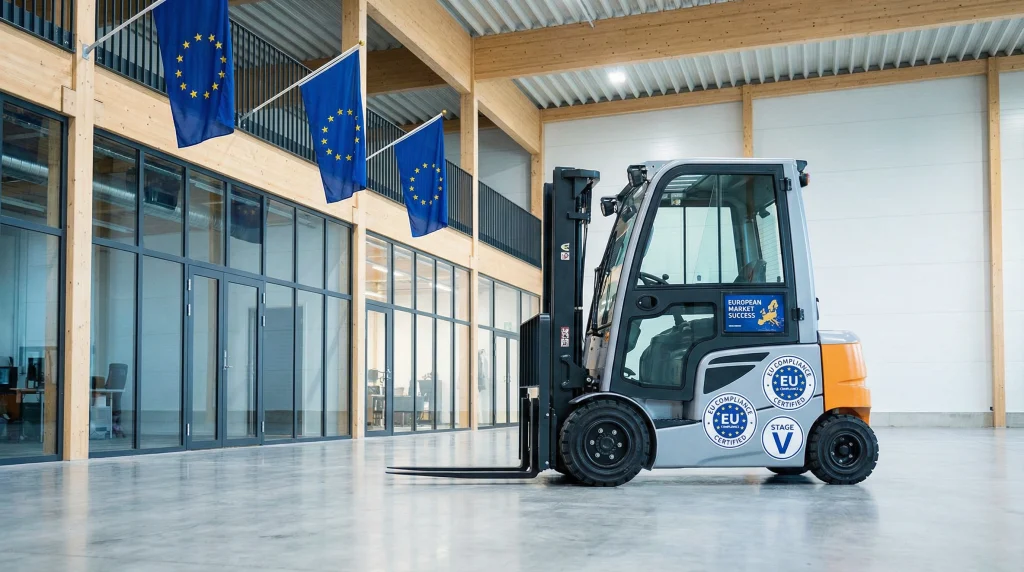 EU Stage V compliant forklift in Scandinavian industrial facility with certification badges