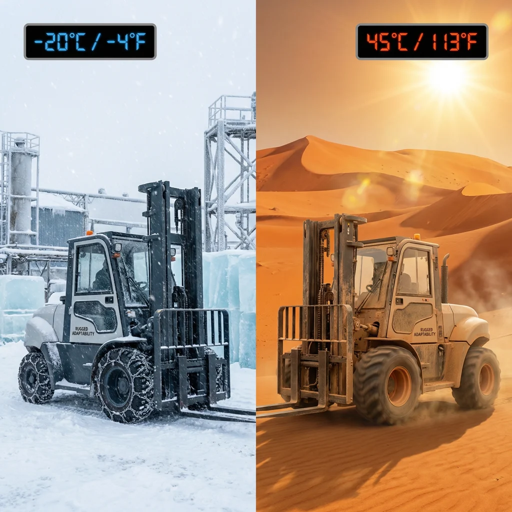 Forklift operating in extreme environments - Arctic snow conditions and desert heat with temperature indicators