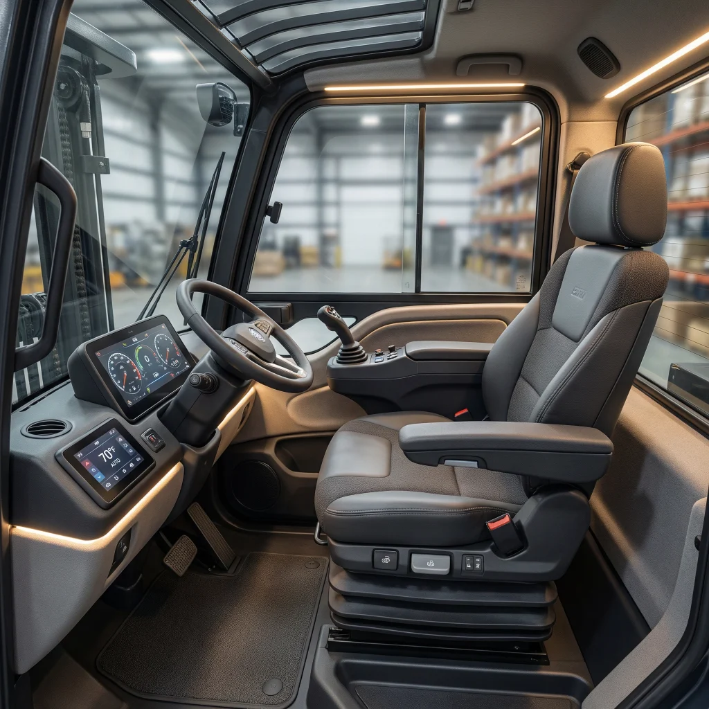 Premium forklift cabin interior with air-suspension seat, climate control, and ergonomic design
