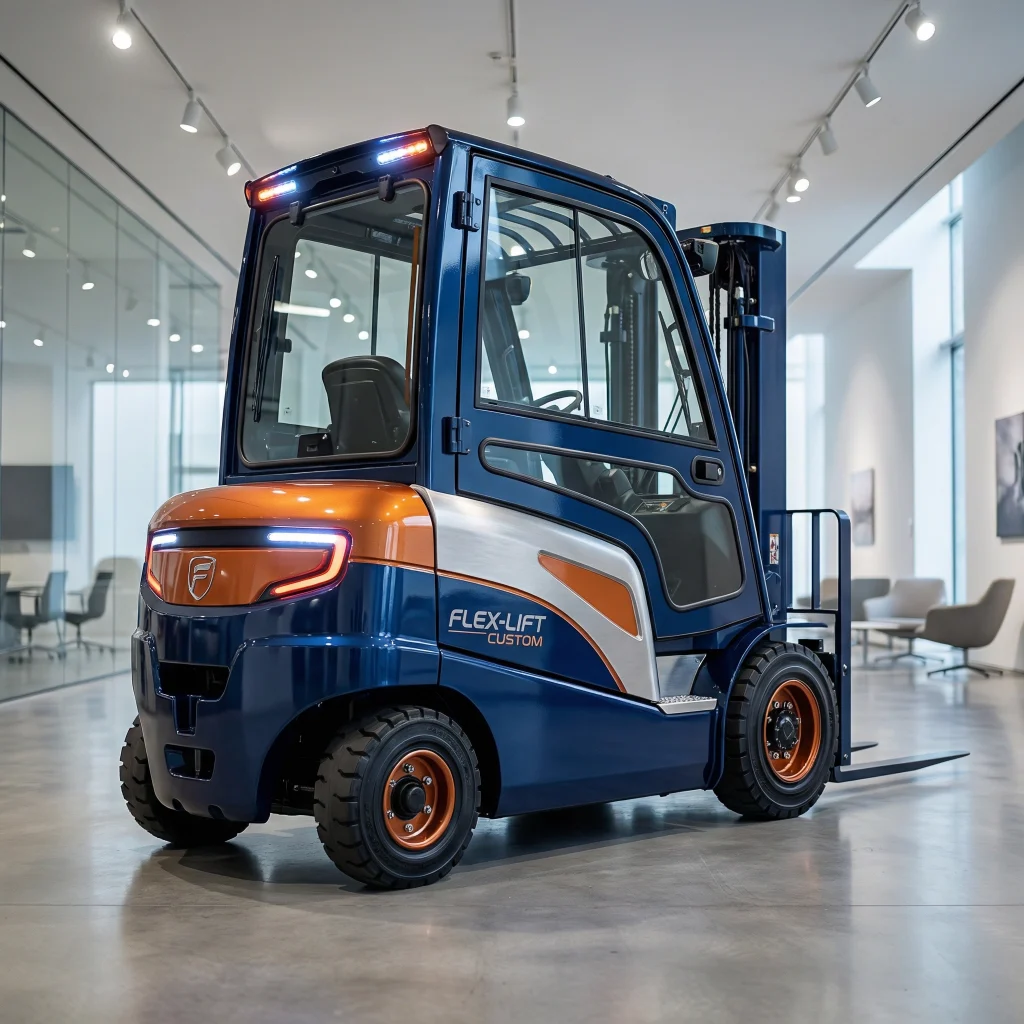 Custom branded forklift with premium orange and blue color scheme in modern showroom
