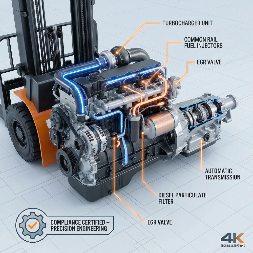 Modern diesel engine with turbocharger, fuel injectors, and emission control system for EU Stage V compliance