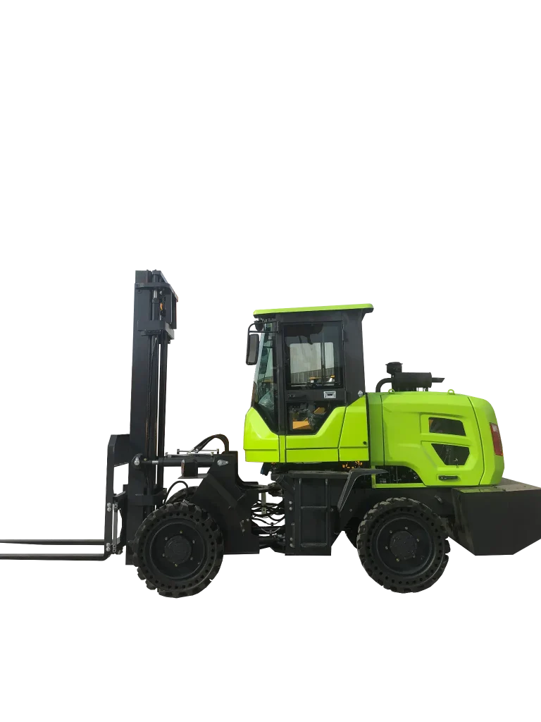T30 3-ton Rough Terrain Forklift - Fluorescent Green Full-Time 4WD Forklift Side View