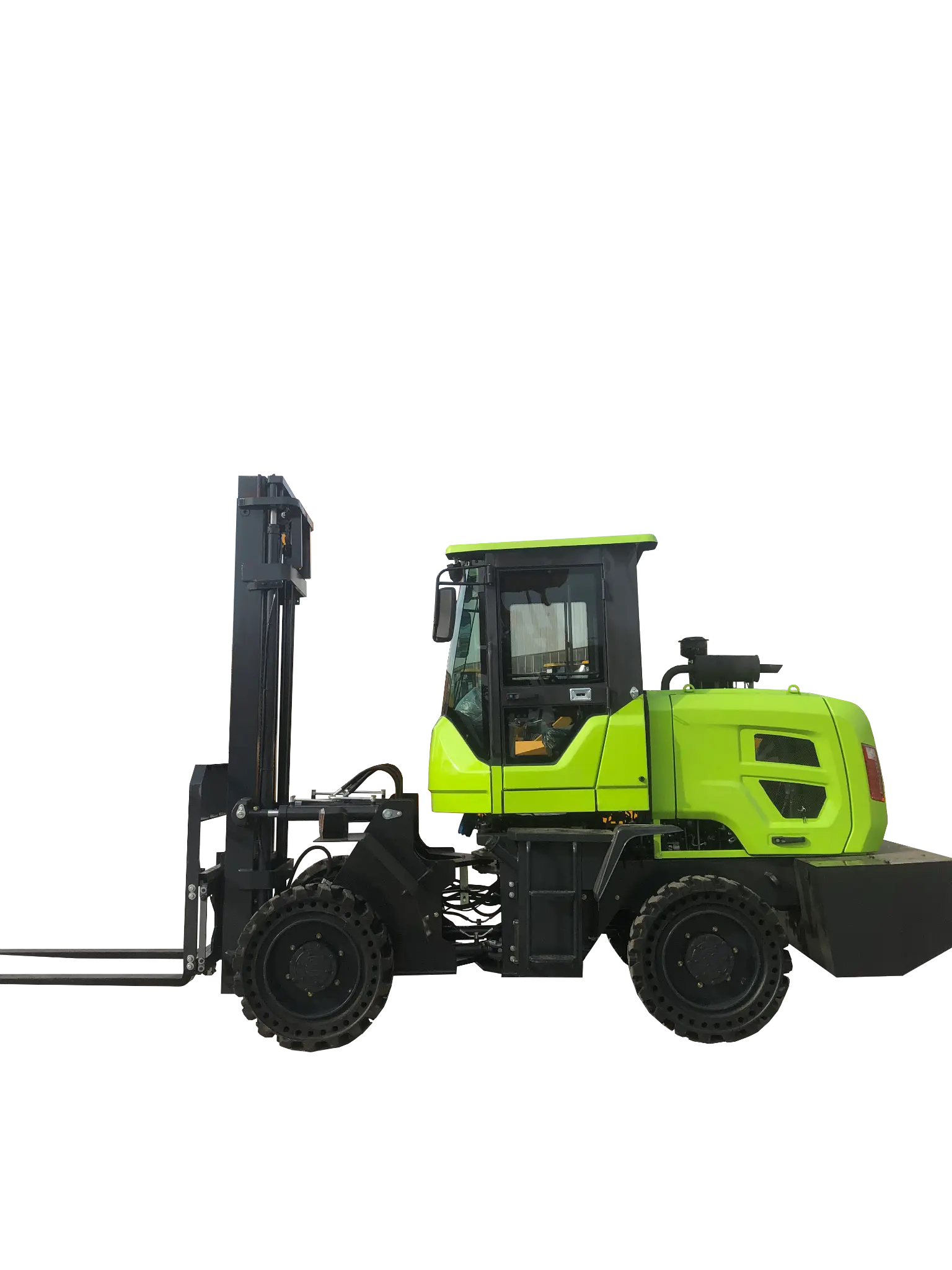 T30 3-ton Rough Terrain Forklift - Fluorescent Green Full-Time 4WD Forklift Side View