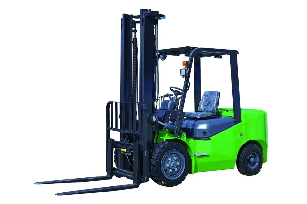 K2-4T Balanced Forklift - Complete side profile with extended mast and fork assembly