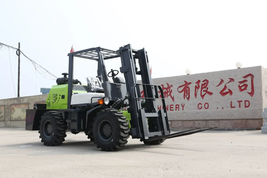 T30B rough terrain forklift side view with extended forks showcasing load capacity