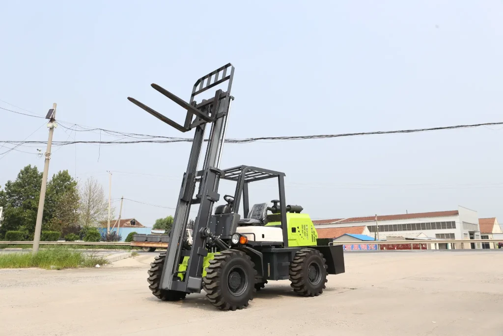 T30B rough terrain forklift with forks raised to maximum height showcasing lift capability