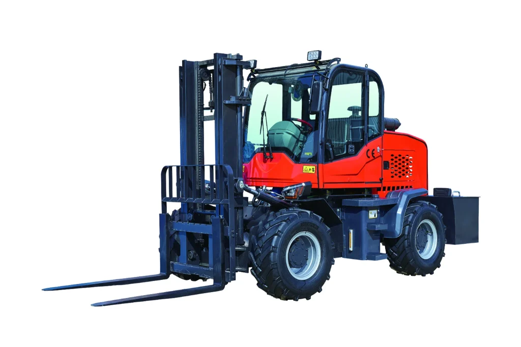 T30A rough terrain forklift side view on white background showcasing machine profile