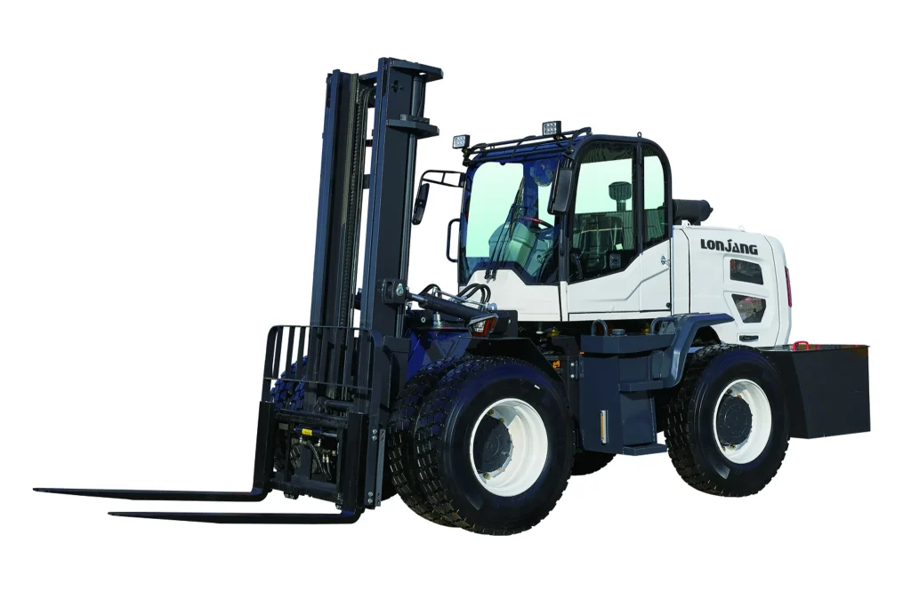 T70 rough terrain forklift side view on white background showing complete machine profile, 7-ton capacity, and professional industrial design