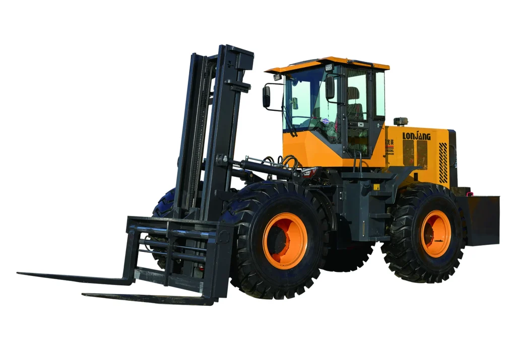 T100 rough terrain forklift complete side profile on white background showing full machine proportions and design