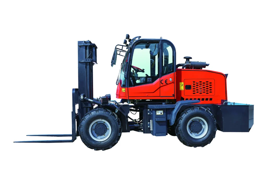 T30A rough terrain forklift three-quarter view on white background showcasing complete design