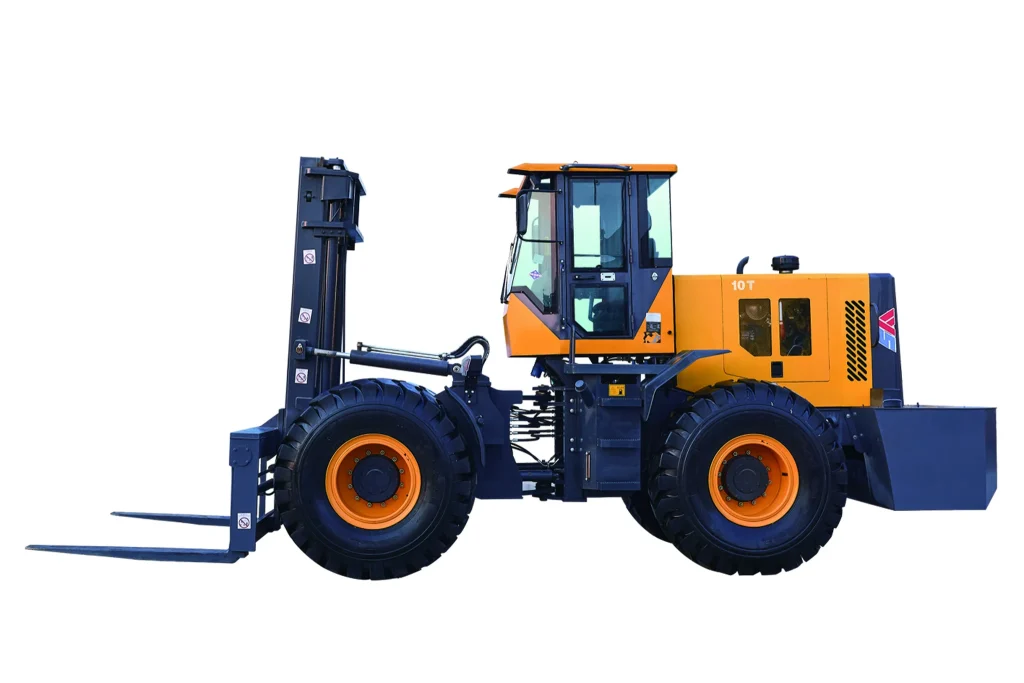 T100 rough terrain forklift angled profile view on white background showing machine design load handling capability and engineering