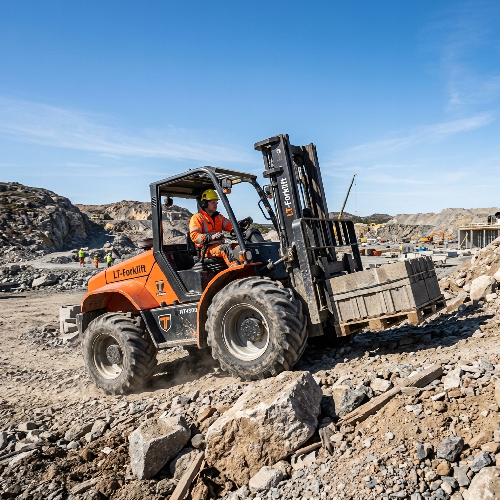 A heavy-duty LT-Forklift operating powerful and cleanly on a rocky construction site with no exhaust smoke.
