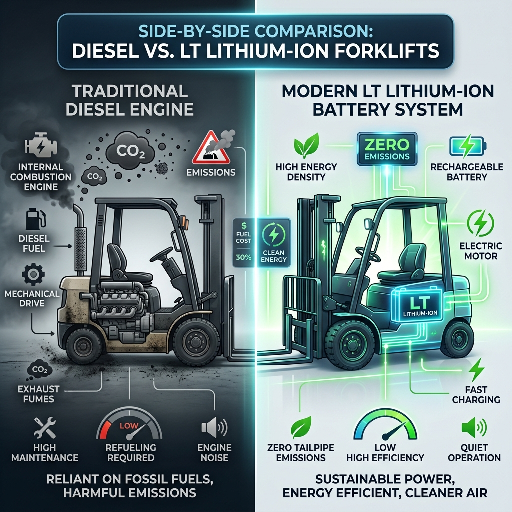 Infographic showing side-by-side comparison of traditional diesel engine vs. clean green LT lithium-ion battery system.
