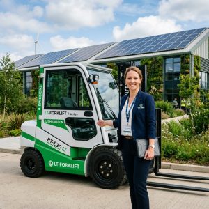 ●Sarah Johnson, Sustainability Manager, standing with a white and green LT-Forklift T-series Li-ion rough terrain forklift in a sustainable factory setting.