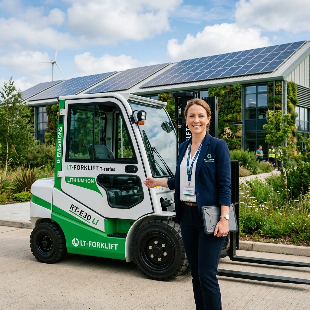 ●Sarah Johnson, Sustainability Manager, standing with a white and green LT-Forklift T-series Li-ion rough terrain forklift in a sustainable factory setting.