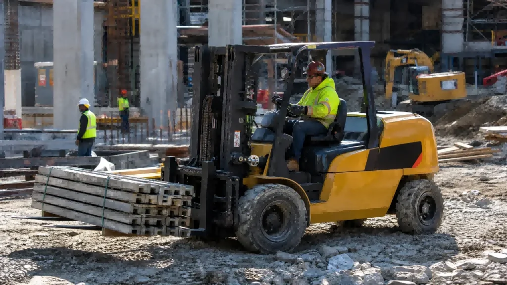 Alt Text: Diesel articulated rough terrain forklift working on rocky terrain carrying heavy load with superior traction and stability