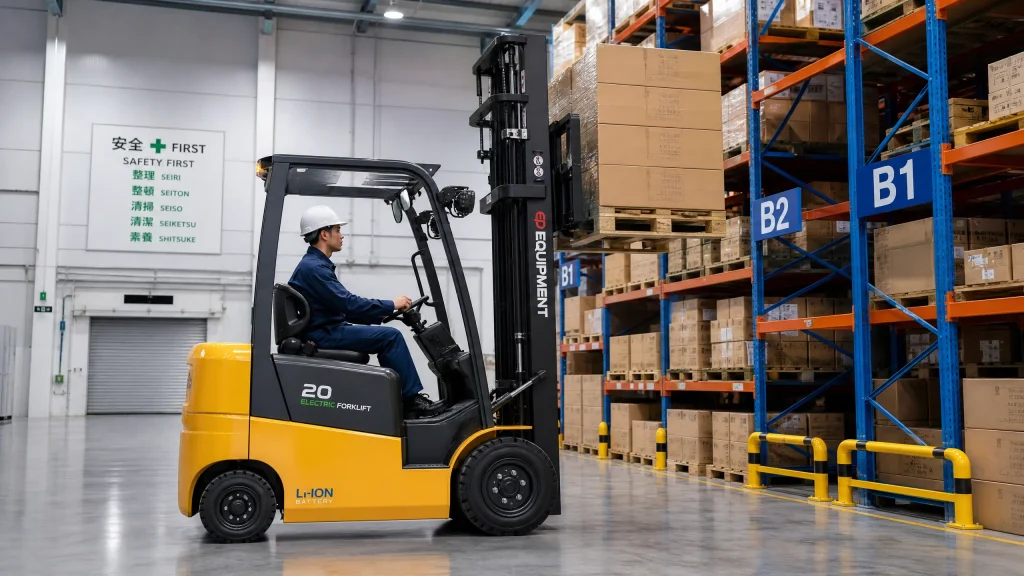 Modern electric balance forklift operating efficiently in clean, organized warehouse environment with smooth concrete floor, high-stacking operations, and organized pallet racking in logistics center