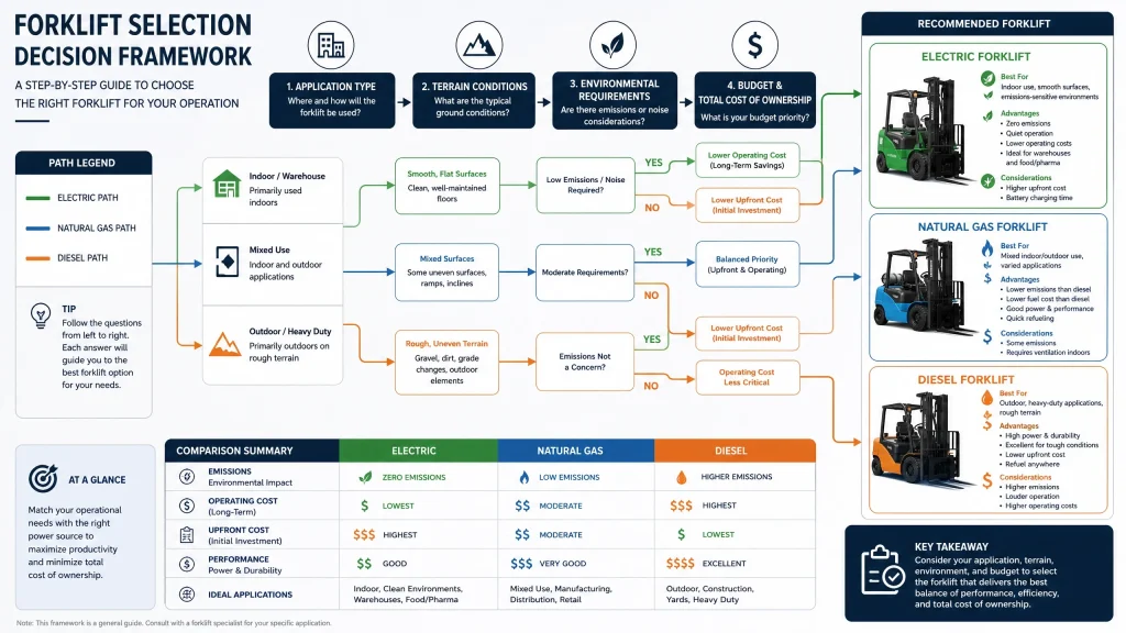 Professional infographic showing forklift selection decision framework with flowchart, decision points for application type, terrain conditions, environmental requirements, and budget, with color-coded paths leading to diesel, natural gas, and electric forklift recommendations