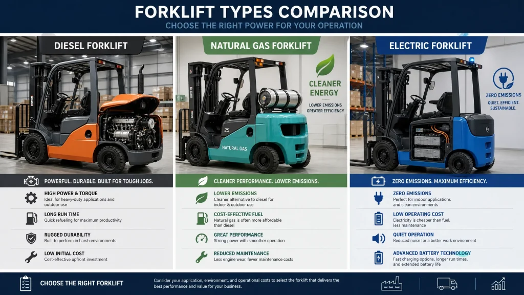 Comprehensive comparison of three forklift types side by side: diesel forklift with powerful engine, natural gas forklift with clean energy focus, and electric forklift with modern battery technology, each in professional industrial setting with clear labeling