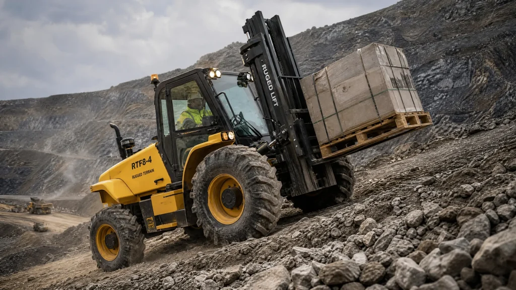Rugged diesel rough terrain forklift operating on challenging outdoor terrain with rocky, uneven ground and steep slope, carrying heavy load while demonstrating superior traction and stability in harsh mining or construction environment