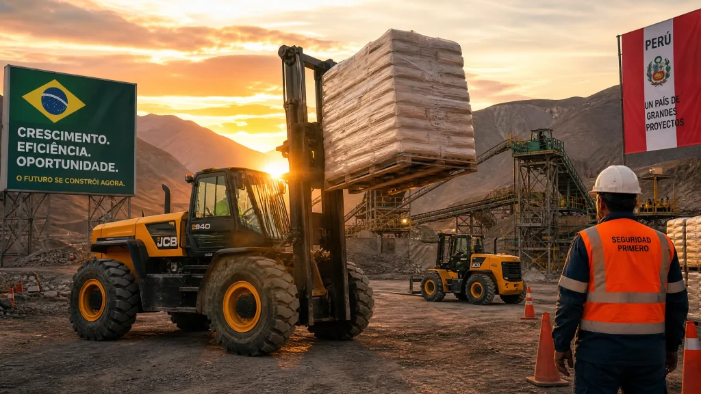 Diesel rough terrain forklift operating in South American mining and construction environment, showcasing articulated steering and heavy-duty capability in challenging terrain