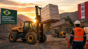 Diesel rough terrain forklift operating in South American mining and construction environment, showcasing articulated steering and heavy-duty capability in challenging terrain