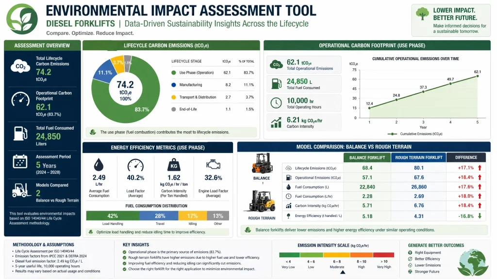 Infographic or flowchart illustrating a carbon footprint assessment tool for forklift selection, guiding users through environmental impact considerations and operational needs