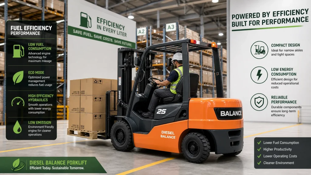 Diesel balance forklift efficiently operating in a well-organized warehouse, highlighting its design for paved indoor environments and controlled emissions