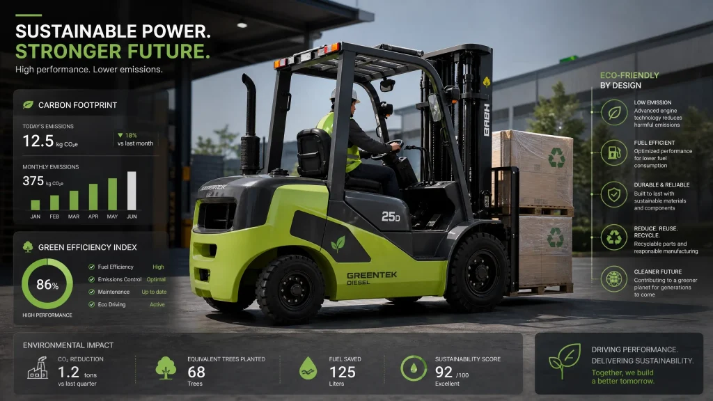 Modern diesel forklift operating in a sustainable industrial setting, with green energy elements in the background, symbolizing the balance between power and environmental responsibility