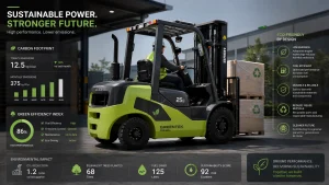 Modern diesel forklift operating in a sustainable industrial setting, with green energy elements in the background, symbolizing the balance between power and environmental responsibility