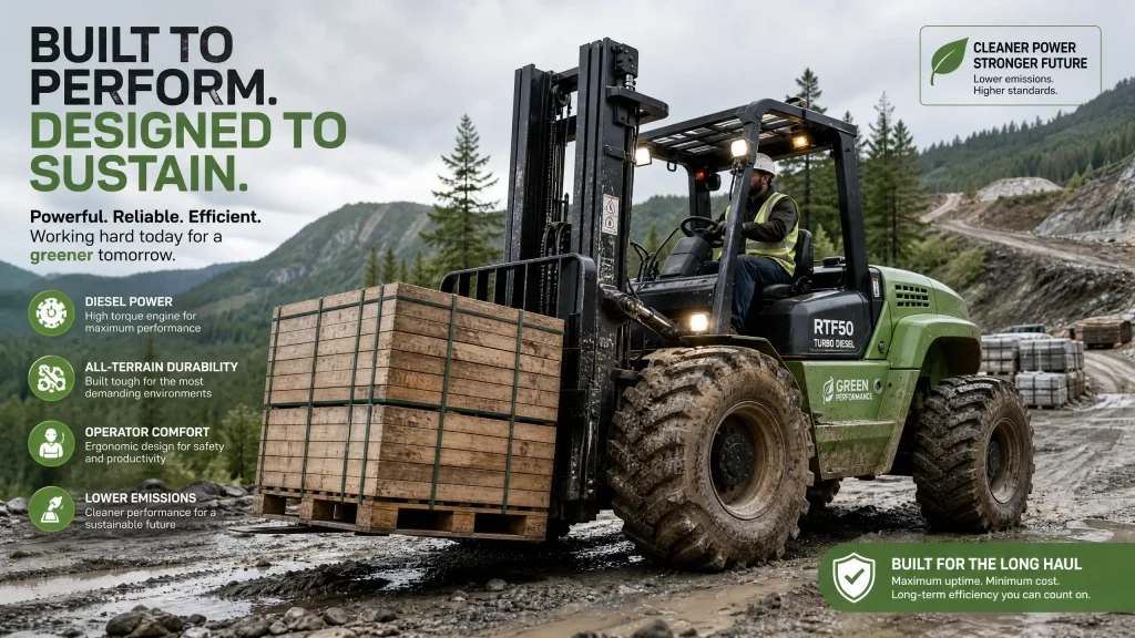Rugged diesel rough terrain forklift working in a challenging outdoor environment like a construction site or quarry, demonstrating its essential role where other forklifts cannot operate