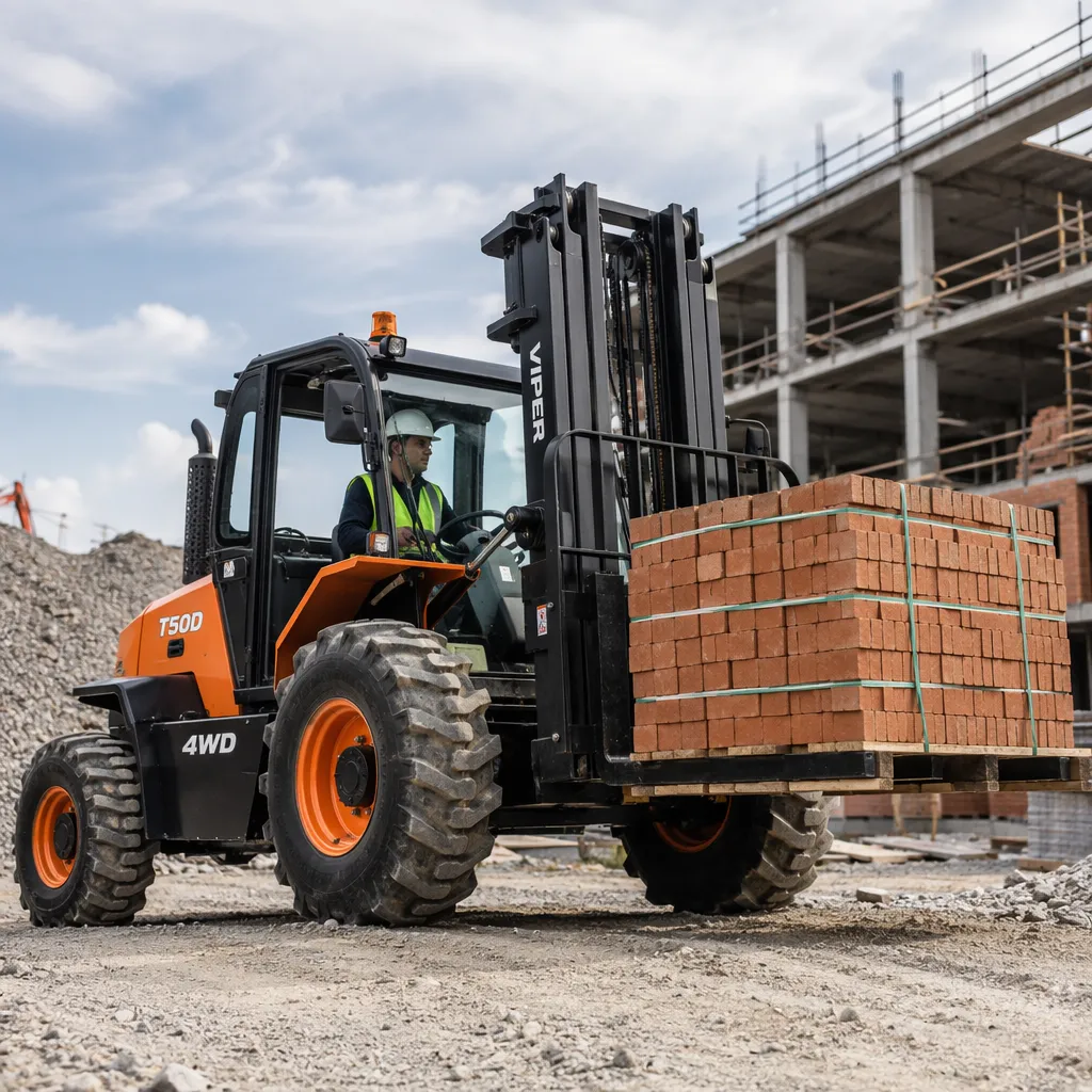 Heavy-duty T-series rough terrain forklift working on a construction site