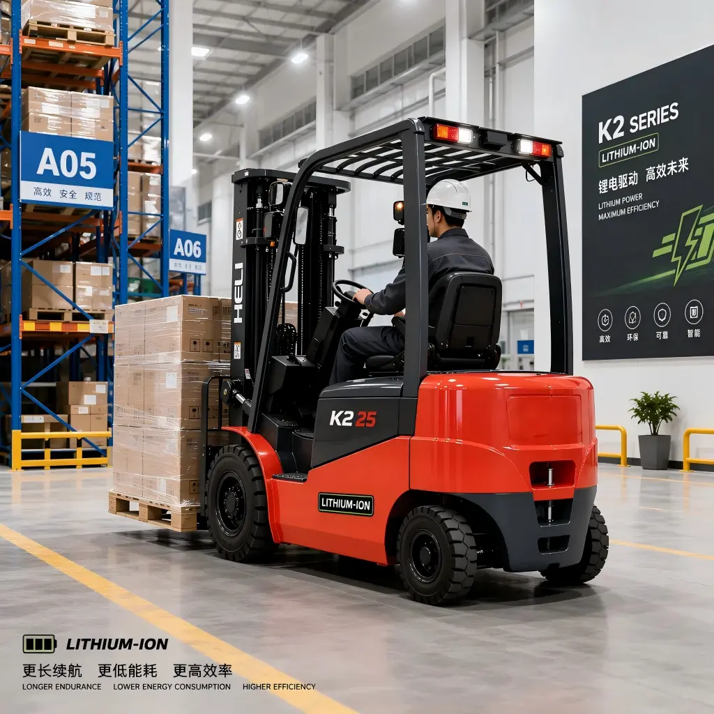 K2-series lithium-ion counterbalance forklift in a modern warehouse