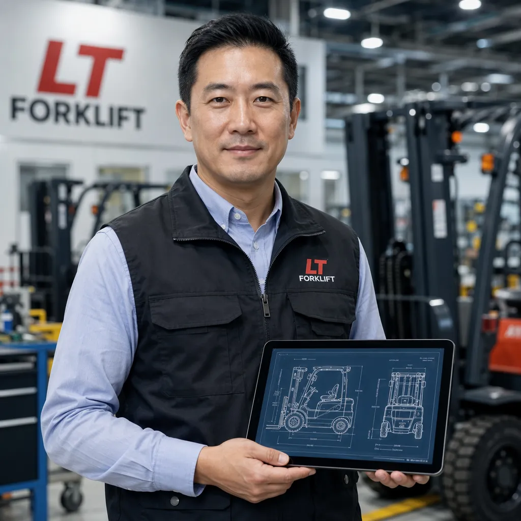 David Liu, Forklift Specialist, reviewing technical forklift specs at factory