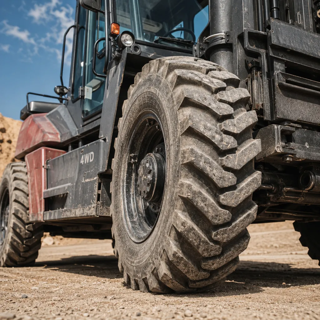 Rough-terrain 4WD forklift working on uneven outdoor ground