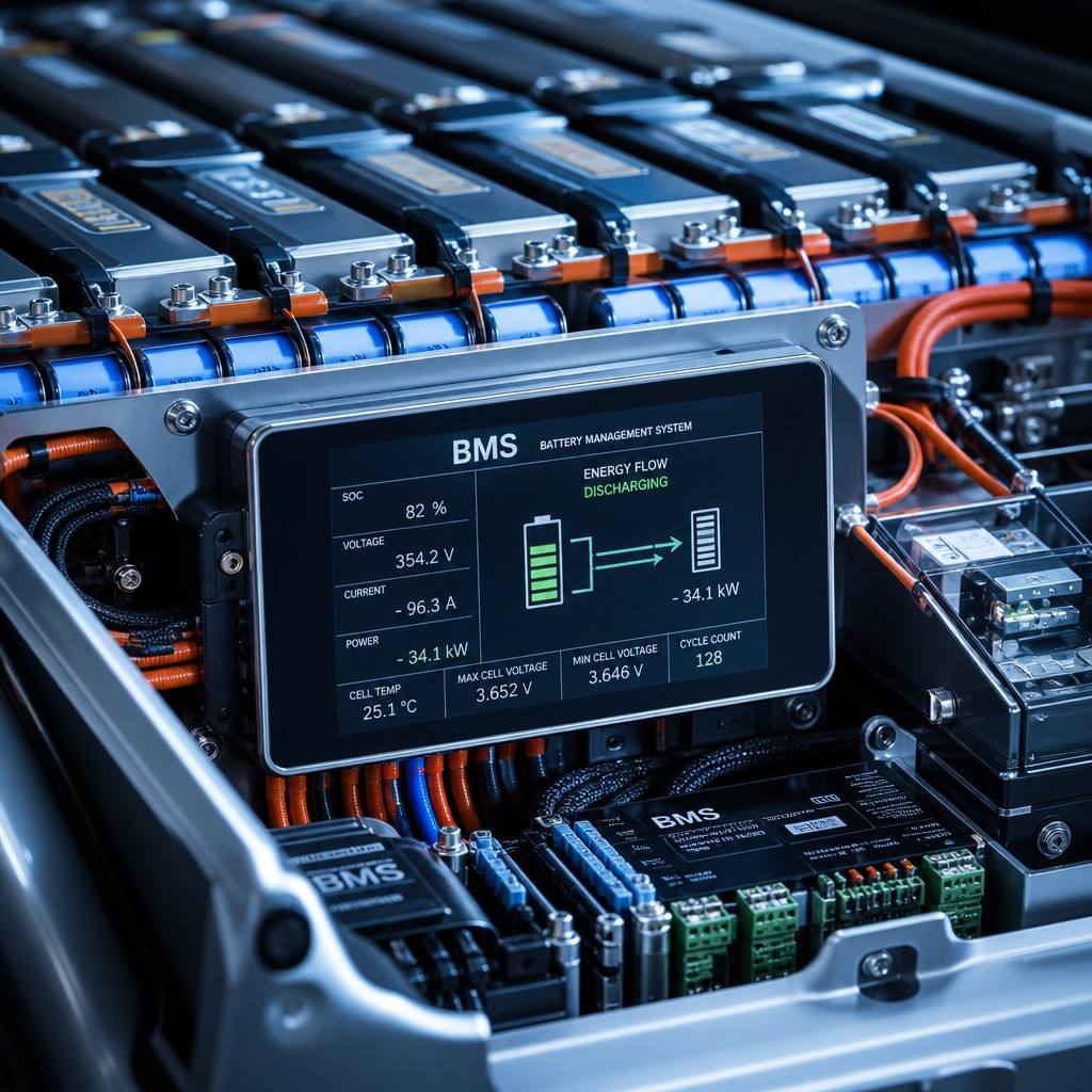 Close-up of an industrial lithium-ion battery pack and battery management system (BMS) for electric forklift systems