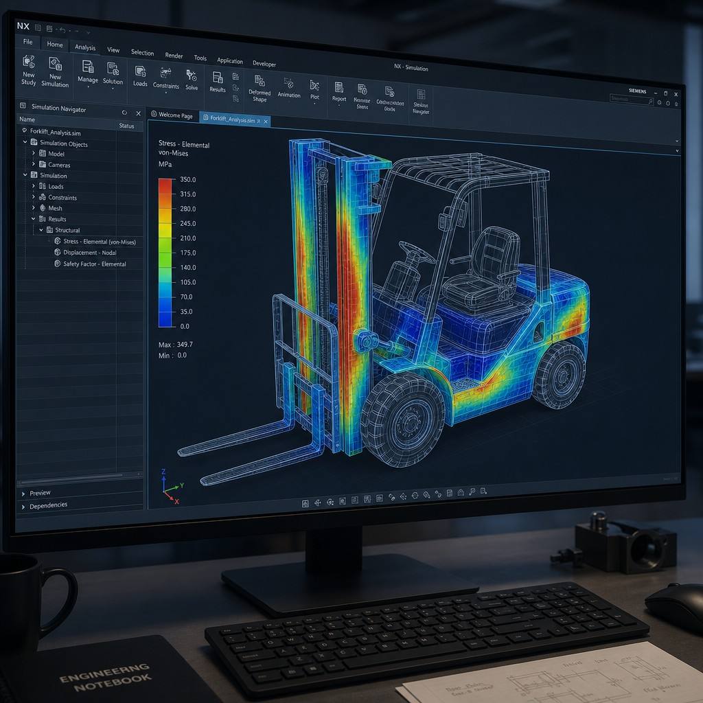 Engineering CAD model showing load distribution and stress points in a rough-terrain forklift design