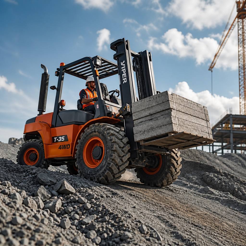 Technical shot of T-series rough terrain forklift operating on steep gravel terrain