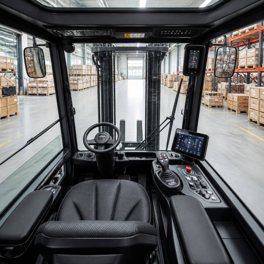 Interior view of an ergonomic forklift cabin emphasizing visibility, controls, and operator safety