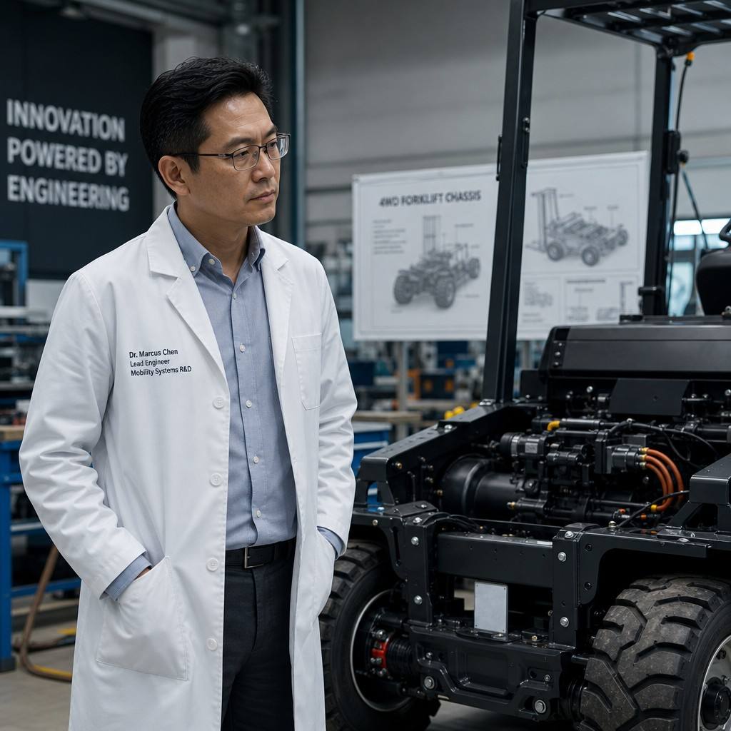 Dr. Marcus Chen inspecting a 4WD rough-terrain forklift chassis in a modern manufacturing facility