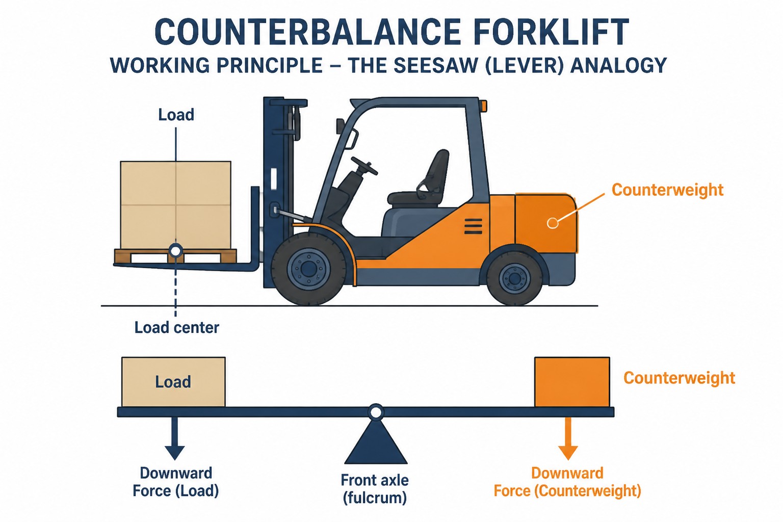 Counterbalance forklift working principle diagram: load and counterweight balanced on the front axle fulcrum like a seesaw