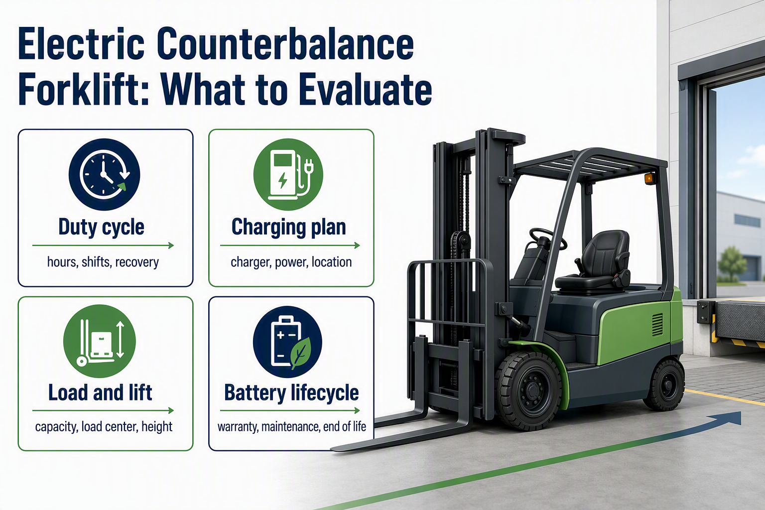 Electric counterbalance forklift evaluation guide covering duty cycle charging plan load lift and battery lifecycle