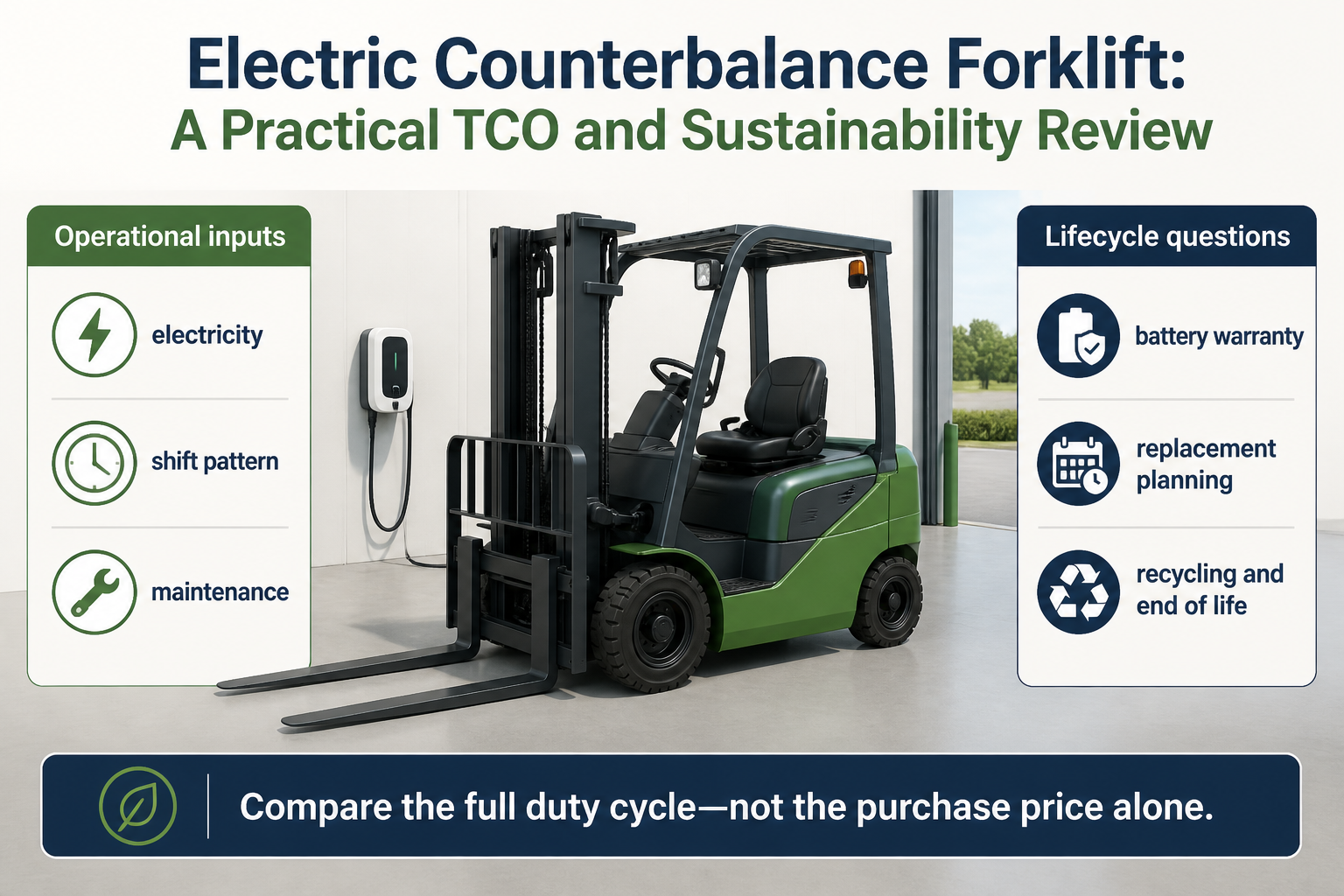 Electric counterbalance forklift TCO and sustainability review covering electricity maintenance battery warranty and end of life
