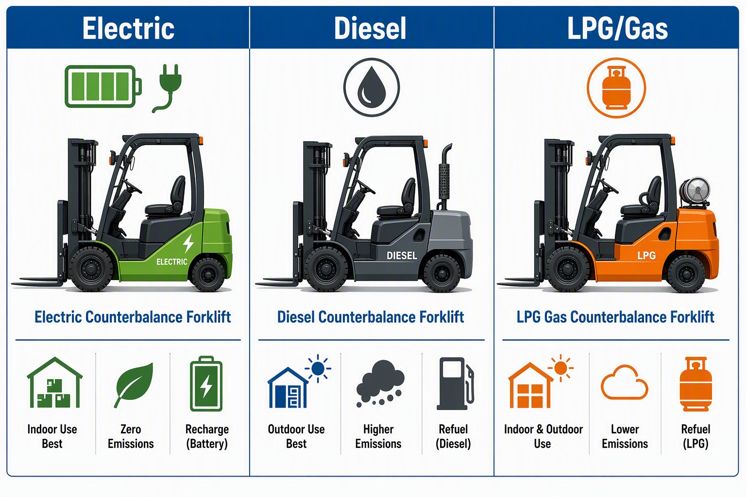 Electric vs diesel vs LPG counterbalance forklift comparison showing indoor use suitability, emissions and refueling method