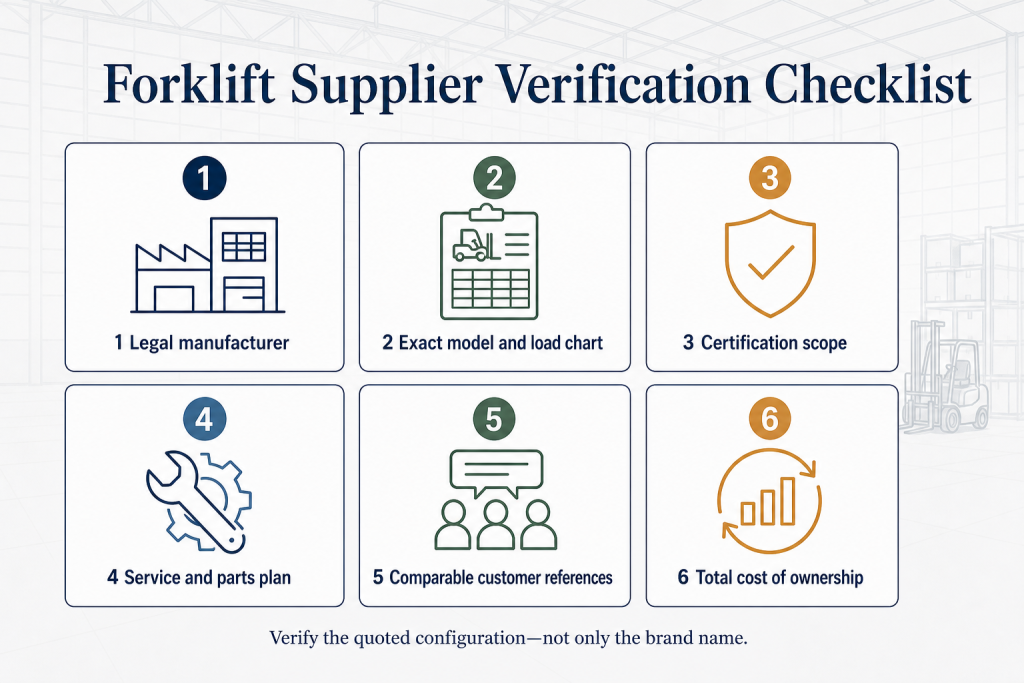 Six-step forklift supplier verification checklist covering legal manufacturer model load chart certification service customer references and total cost